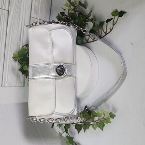 Avon Products Silver Satin Clutch Bag with Chain Shoulder Strap